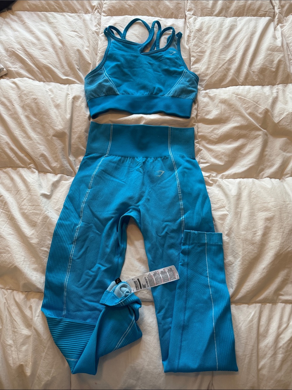 Gymshark Teal Blue Double-Strap Seamless Sports Bra and leggings